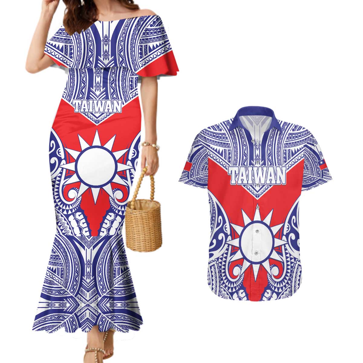 Personalised Taiwan Couples Matching Mermaid Dress and Hawaiian Shirt Austronesian Tribal Tattoo Red LT05 Red - Polynesian Pride