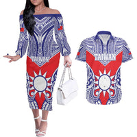 Personalised Taiwan Couples Matching Off The Shoulder Long Sleeve Dress and Hawaiian Shirt Austronesian Tribal Tattoo Red LT05 Red - Polynesian Pride