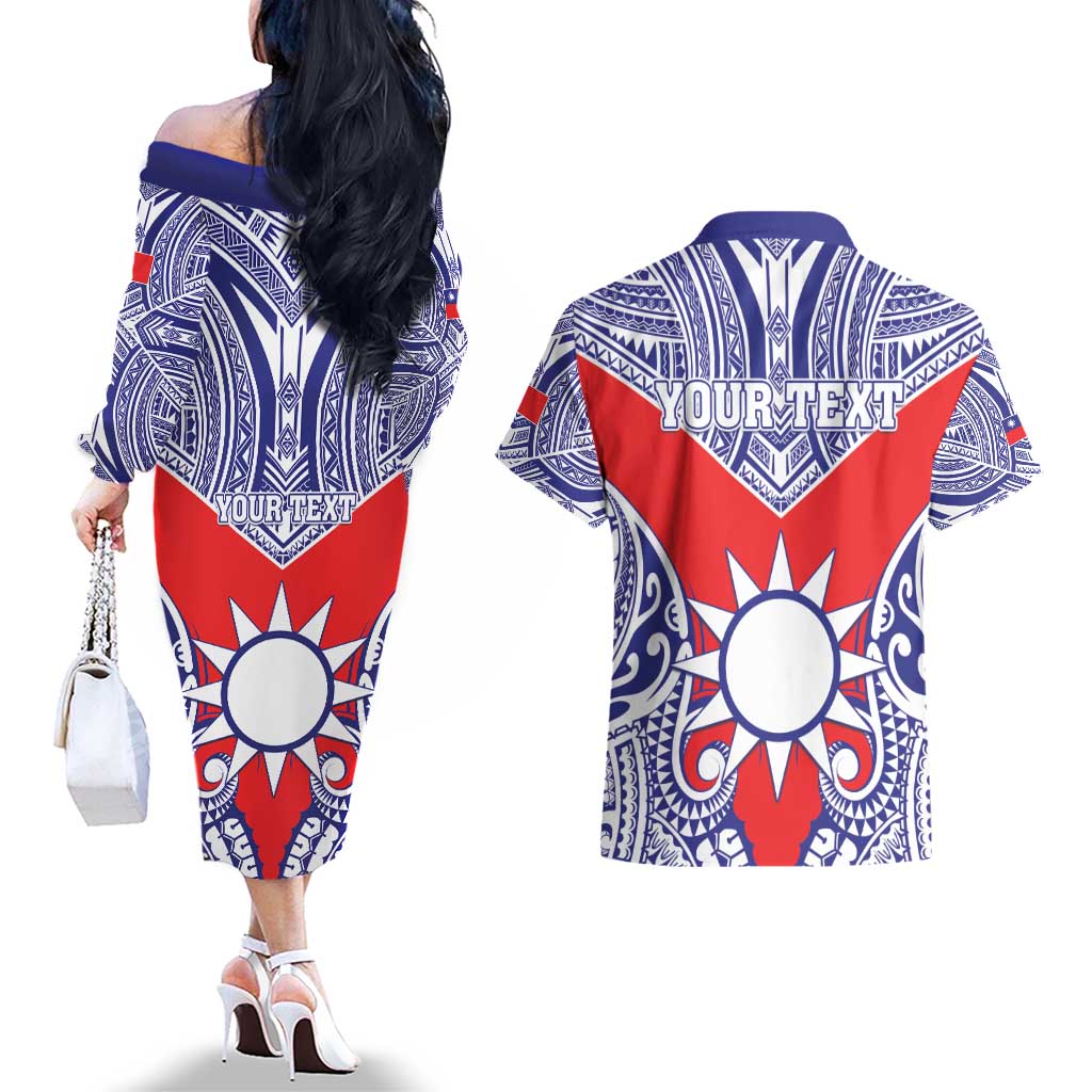 Personalised Taiwan Couples Matching Off The Shoulder Long Sleeve Dress and Hawaiian Shirt Austronesian Tribal Tattoo Red LT05 - Polynesian Pride