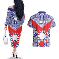 Personalised Taiwan Couples Matching Off The Shoulder Long Sleeve Dress and Hawaiian Shirt Austronesian Tribal Tattoo Red LT05 - Polynesian Pride