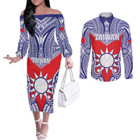 Personalised Taiwan Couples Matching Off The Shoulder Long Sleeve Dress and Long Sleeve Button Shirt Austronesian Tribal Tattoo Red LT05 Red - Polynesian Pride