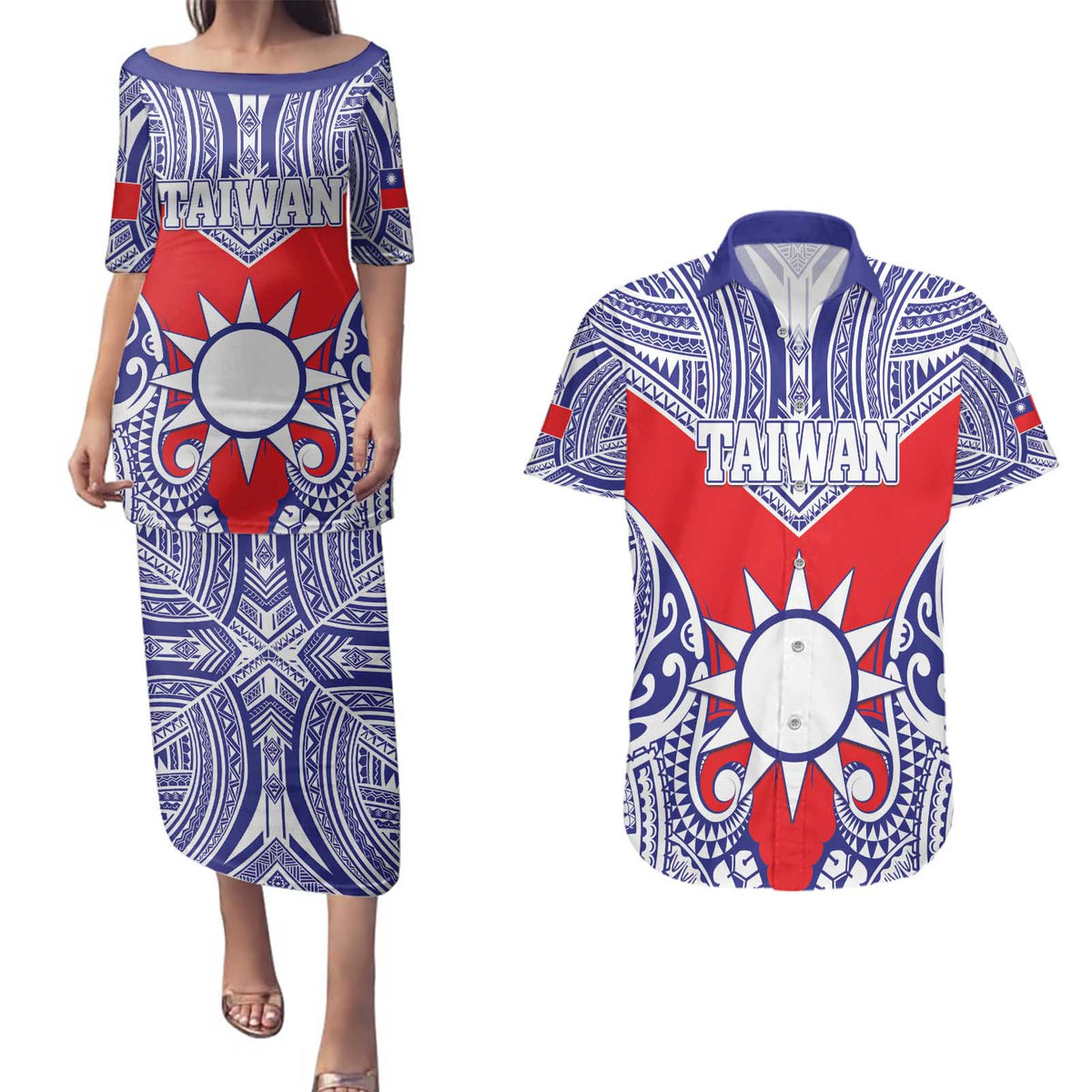 Personalised Taiwan Couples Matching Puletasi and Hawaiian Shirt Austronesian Tribal Tattoo Red - Polynesian Pride