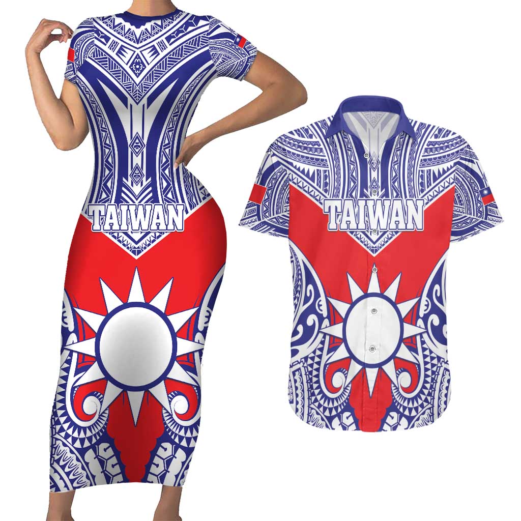 Personalised Taiwan Couples Matching Short Sleeve Bodycon Dress and Hawaiian Shirt Austronesian Tribal Tattoo Red LT05 Red - Polynesian Pride