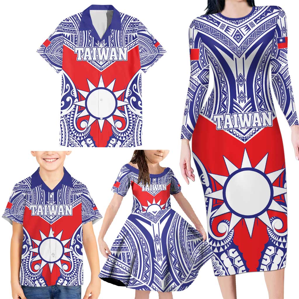 Personalised Taiwan Family Matching Long Sleeve Bodycon Dress and Hawaiian Shirt Austronesian Tribal Tattoo Red LT05 - Polynesian Pride