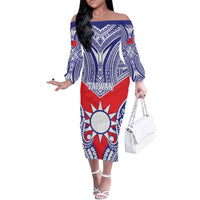 Personalised Taiwan Family Matching Off The Shoulder Long Sleeve Dress and Hawaiian Shirt Austronesian Tribal Tattoo Red LT05 Mom's Dress Red - Polynesian Pride