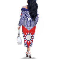 Personalised Taiwan Family Matching Off The Shoulder Long Sleeve Dress and Hawaiian Shirt Austronesian Tribal Tattoo Red LT05 - Polynesian Pride