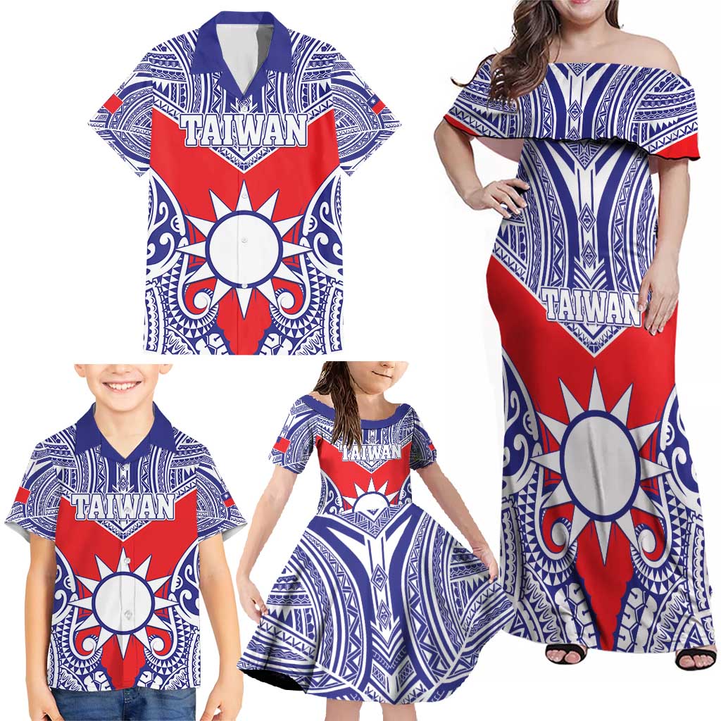Personalised Taiwan Family Matching Off Shoulder Maxi Dress and Hawaiian Shirt Austronesian Tribal Tattoo Red LT05 - Polynesian Pride