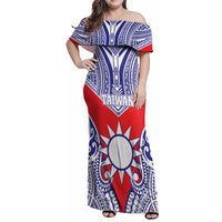 Personalised Taiwan Family Matching Off Shoulder Maxi Dress and Hawaiian Shirt Austronesian Tribal Tattoo Red LT05 Mom's Dress Red - Polynesian Pride