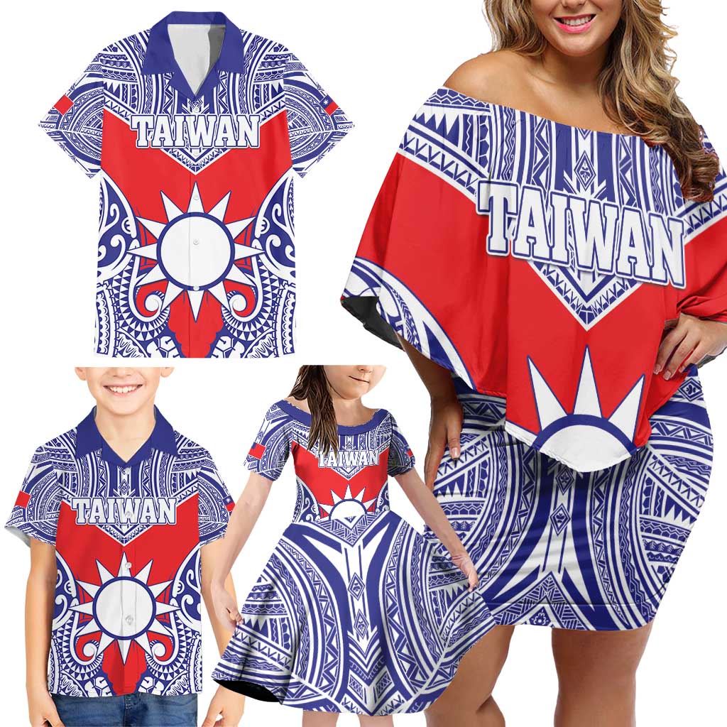 Personalised Taiwan Family Matching Off Shoulder Short Dress and Hawaiian Shirt Austronesian Tribal Tattoo Red LT05 - Polynesian Pride