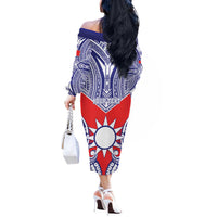 Personalised Taiwan Off The Shoulder Long Sleeve Dress Austronesian Tribal Tattoo Red - Polynesian Pride