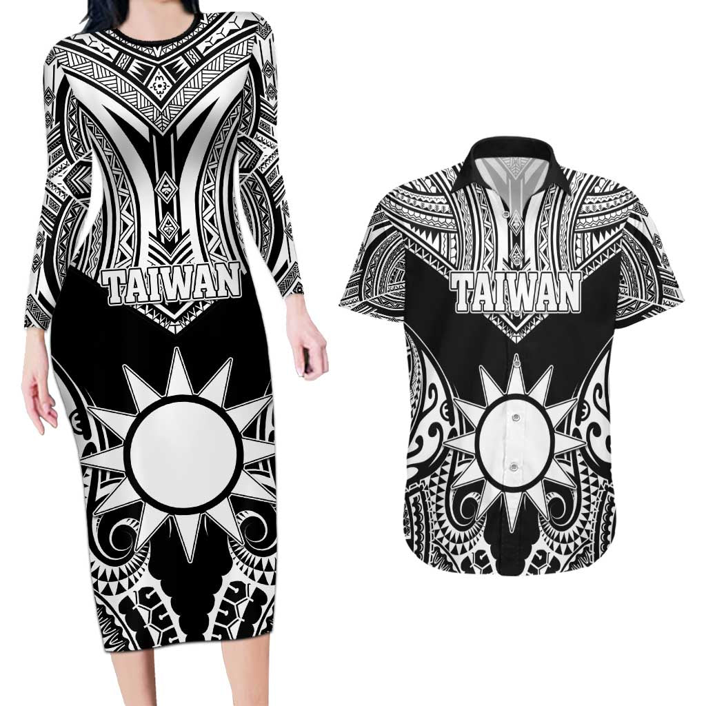 Personalised Taiwan Couples Matching Long Sleeve Bodycon Dress and Hawaiian Shirt Austronesian Tribal Tattoo Black LT05 Black - Polynesian Pride
