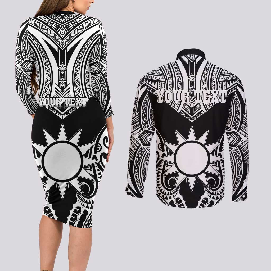 Personalised Taiwan Couples Matching Long Sleeve Bodycon Dress and Long Sleeve Button Shirt Austronesian Tribal Tattoo Black LT05 - Polynesian Pride