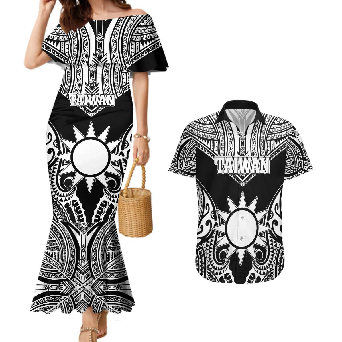 Personalised Taiwan Couples Matching Mermaid Dress and Hawaiian Shirt Austronesian Tribal Tattoo Black LT05 Black - Polynesian Pride