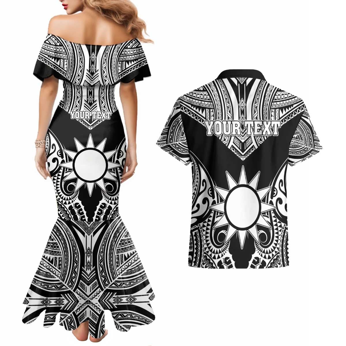 Personalised Taiwan Couples Matching Mermaid Dress and Hawaiian Shirt Austronesian Tribal Tattoo Black LT05 - Polynesian Pride