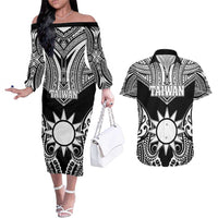 Personalised Taiwan Couples Matching Off The Shoulder Long Sleeve Dress and Hawaiian Shirt Austronesian Tribal Tattoo Black LT05 Black - Polynesian Pride