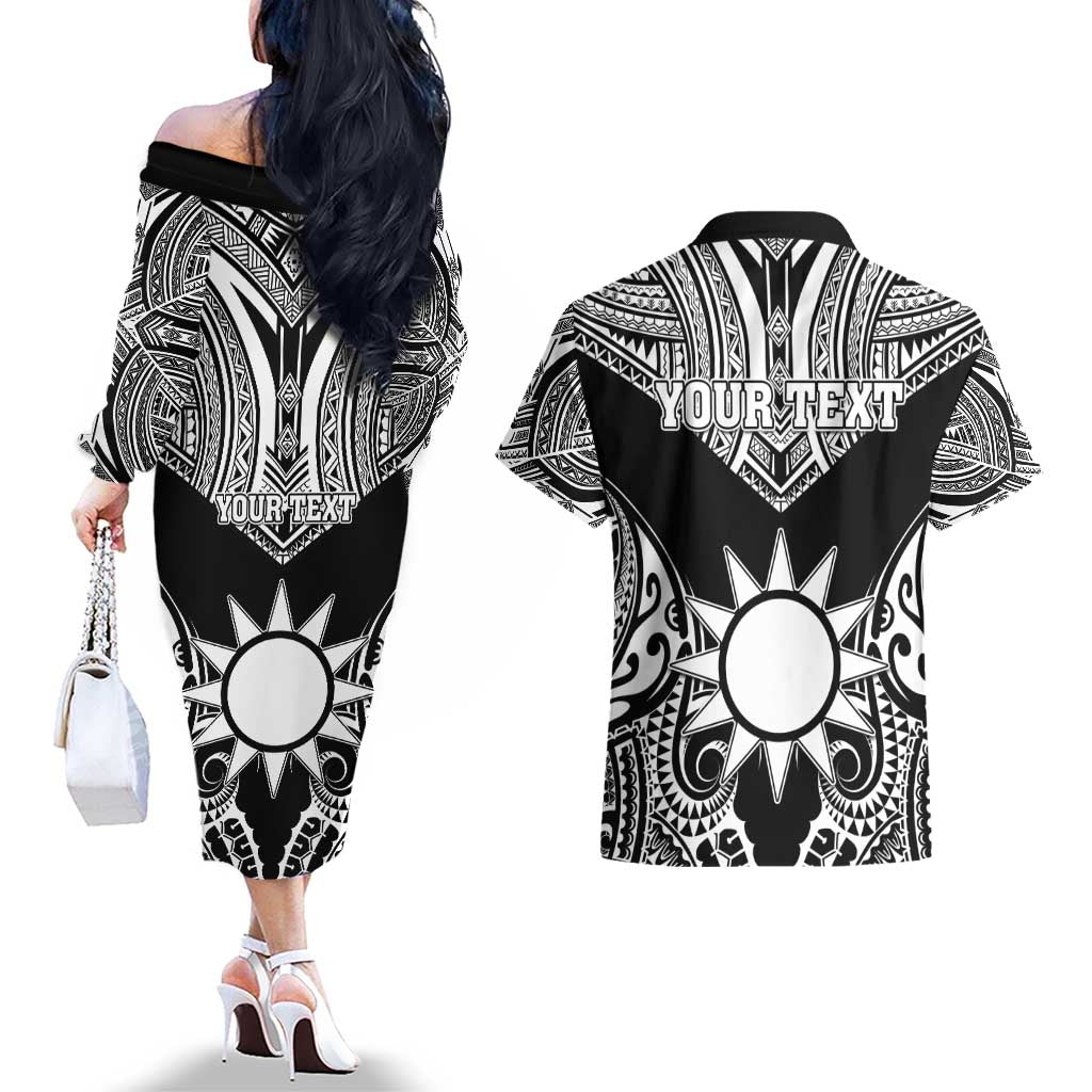 Personalised Taiwan Couples Matching Off The Shoulder Long Sleeve Dress and Hawaiian Shirt Austronesian Tribal Tattoo Black LT05 - Polynesian Pride