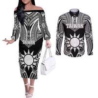 Personalised Taiwan Couples Matching Off The Shoulder Long Sleeve Dress and Long Sleeve Button Shirt Austronesian Tribal Tattoo Black LT05 Black - Polynesian Pride