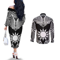 Personalised Taiwan Couples Matching Off The Shoulder Long Sleeve Dress and Long Sleeve Button Shirt Austronesian Tribal Tattoo Black LT05 - Polynesian Pride