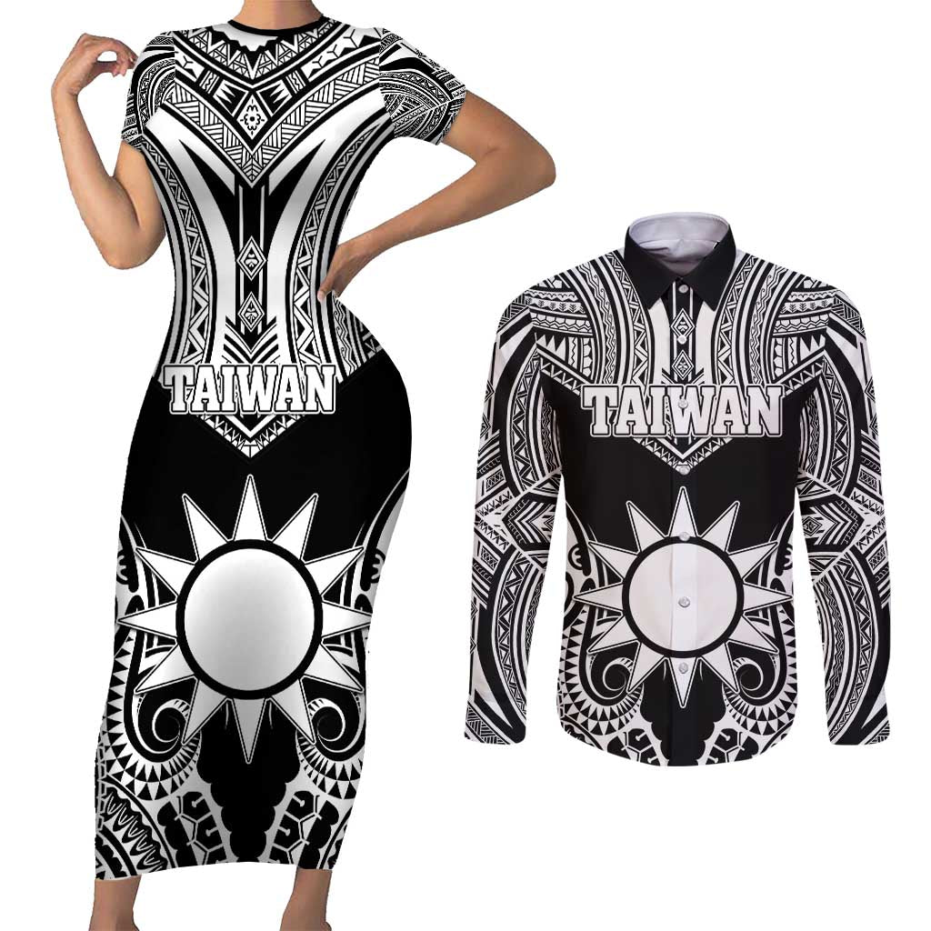 Personalised Taiwan Couples Matching Short Sleeve Bodycon Dress and Long Sleeve Button Shirt Austronesian Tribal Tattoo Black LT05 Black - Polynesian Pride