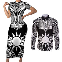 Personalised Taiwan Couples Matching Short Sleeve Bodycon Dress and Long Sleeve Button Shirt Austronesian Tribal Tattoo Black LT05 Black - Polynesian Pride