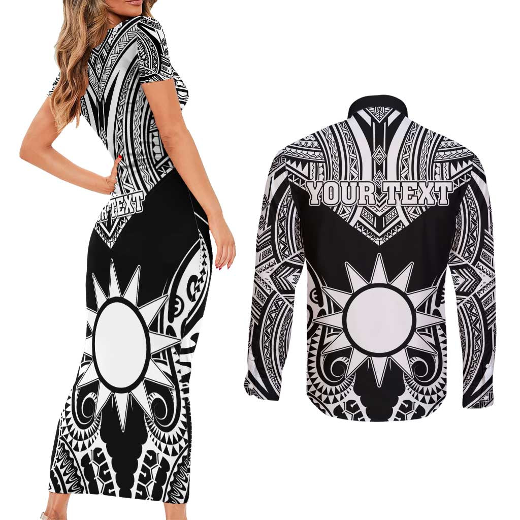 Personalised Taiwan Couples Matching Short Sleeve Bodycon Dress and Long Sleeve Button Shirt Austronesian Tribal Tattoo Black LT05 - Polynesian Pride