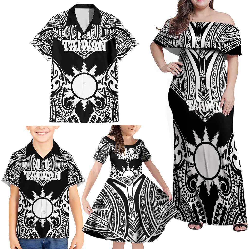 Personalised Taiwan Family Matching Off Shoulder Maxi Dress and Hawaiian Shirt Austronesian Tribal Tattoo Black LT05 - Polynesian Pride