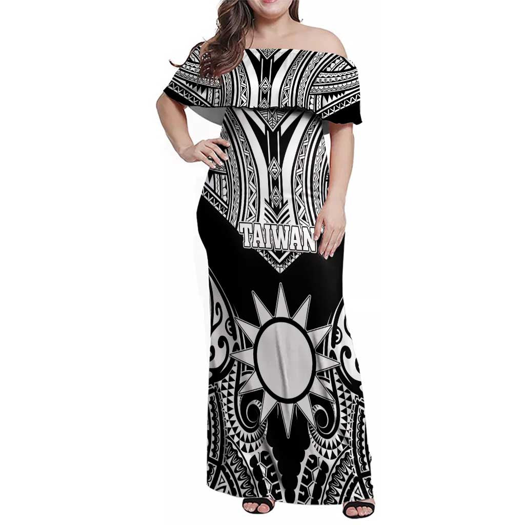 Personalised Taiwan Family Matching Off Shoulder Maxi Dress and Hawaiian Shirt Austronesian Tribal Tattoo Black LT05 Mom's Dress Black - Polynesian Pride