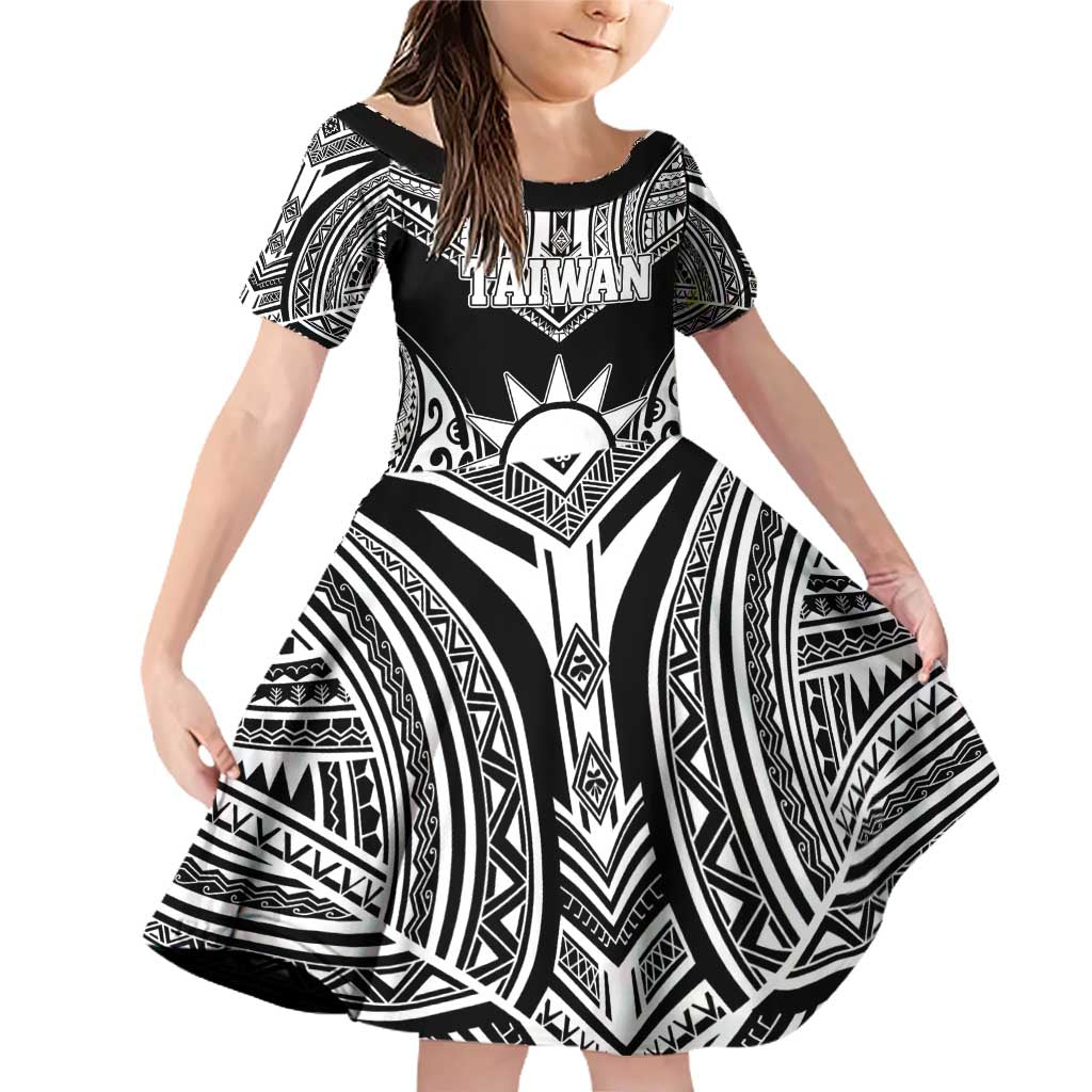 Personalised Taiwan Family Matching Off Shoulder Short Dress and Hawaiian Shirt Austronesian Tribal Tattoo Black LT05 Daughter's Dress Black - Polynesian Pride