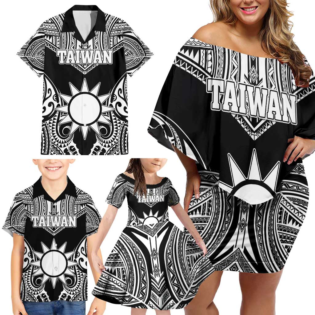 Personalised Taiwan Family Matching Off Shoulder Short Dress and Hawaiian Shirt Austronesian Tribal Tattoo Black LT05 - Polynesian Pride