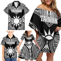 Personalised Taiwan Family Matching Off Shoulder Short Dress and Hawaiian Shirt Austronesian Tribal Tattoo Black LT05 - Polynesian Pride