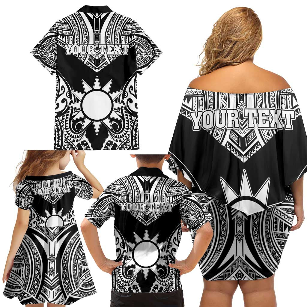 Personalised Taiwan Family Matching Off Shoulder Short Dress and Hawaiian Shirt Austronesian Tribal Tattoo Black LT05 - Polynesian Pride