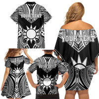 Personalised Taiwan Family Matching Off Shoulder Short Dress and Hawaiian Shirt Austronesian Tribal Tattoo Black LT05 - Polynesian Pride