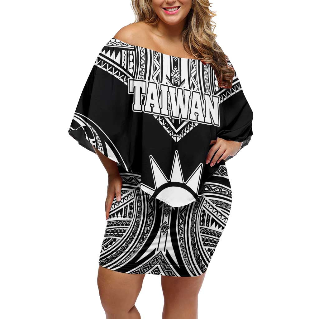 Personalised Taiwan Family Matching Off Shoulder Short Dress and Hawaiian Shirt Austronesian Tribal Tattoo Black LT05 Mom's Dress Black - Polynesian Pride