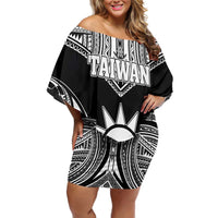 Personalised Taiwan Family Matching Off Shoulder Short Dress and Hawaiian Shirt Austronesian Tribal Tattoo Black LT05 Mom's Dress Black - Polynesian Pride