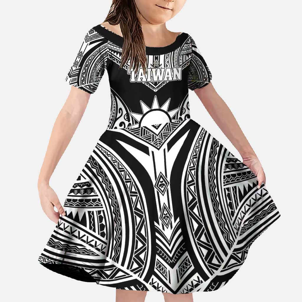 Personalised Taiwan Family Matching Short Sleeve Bodycon Dress and Hawaiian Shirt Austronesian Tribal Tattoo Black LT05 Daughter's Dress Black - Polynesian Pride