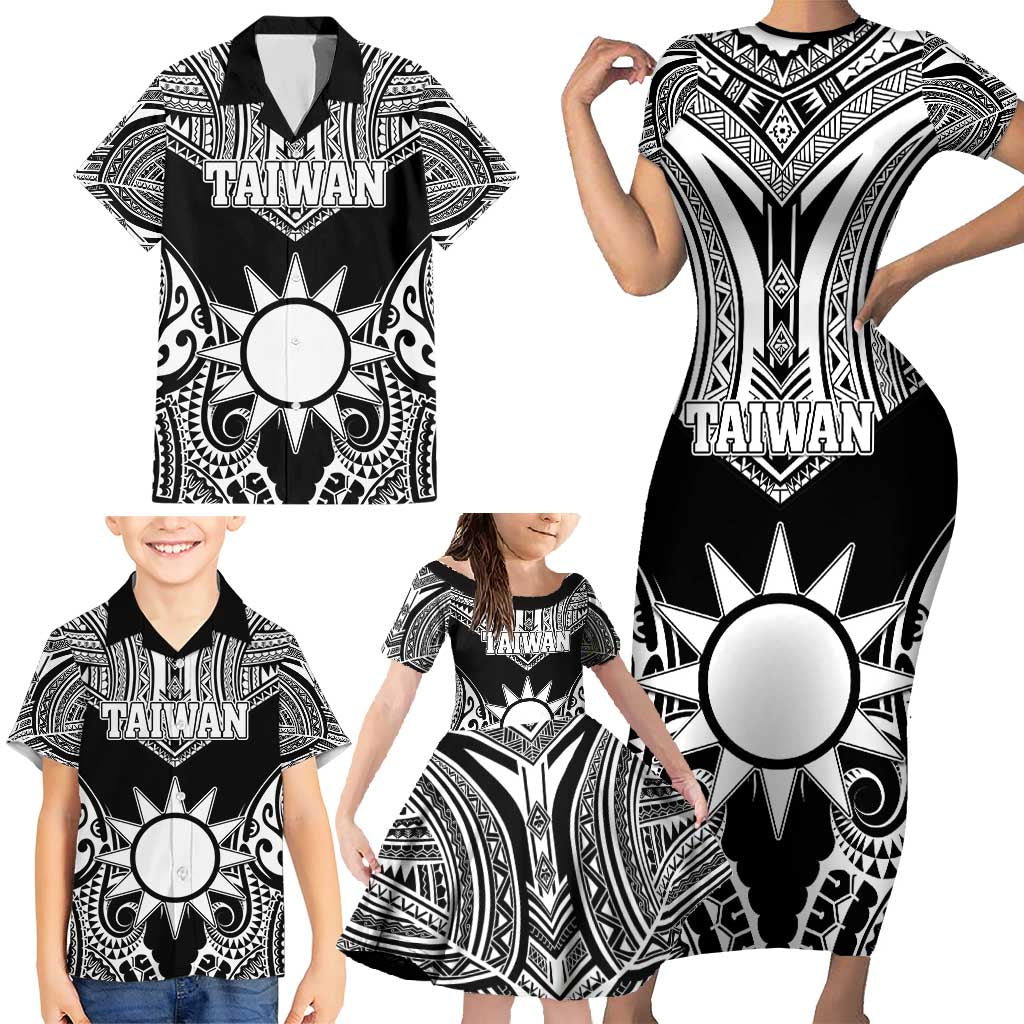 Personalised Taiwan Family Matching Short Sleeve Bodycon Dress and Hawaiian Shirt Austronesian Tribal Tattoo Black LT05 - Polynesian Pride