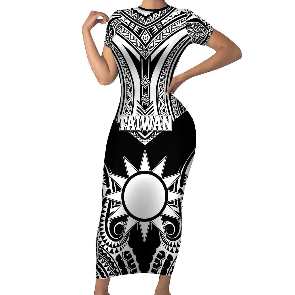 Personalised Taiwan Family Matching Short Sleeve Bodycon Dress and Hawaiian Shirt Austronesian Tribal Tattoo Black LT05 Mom's Dress Black - Polynesian Pride