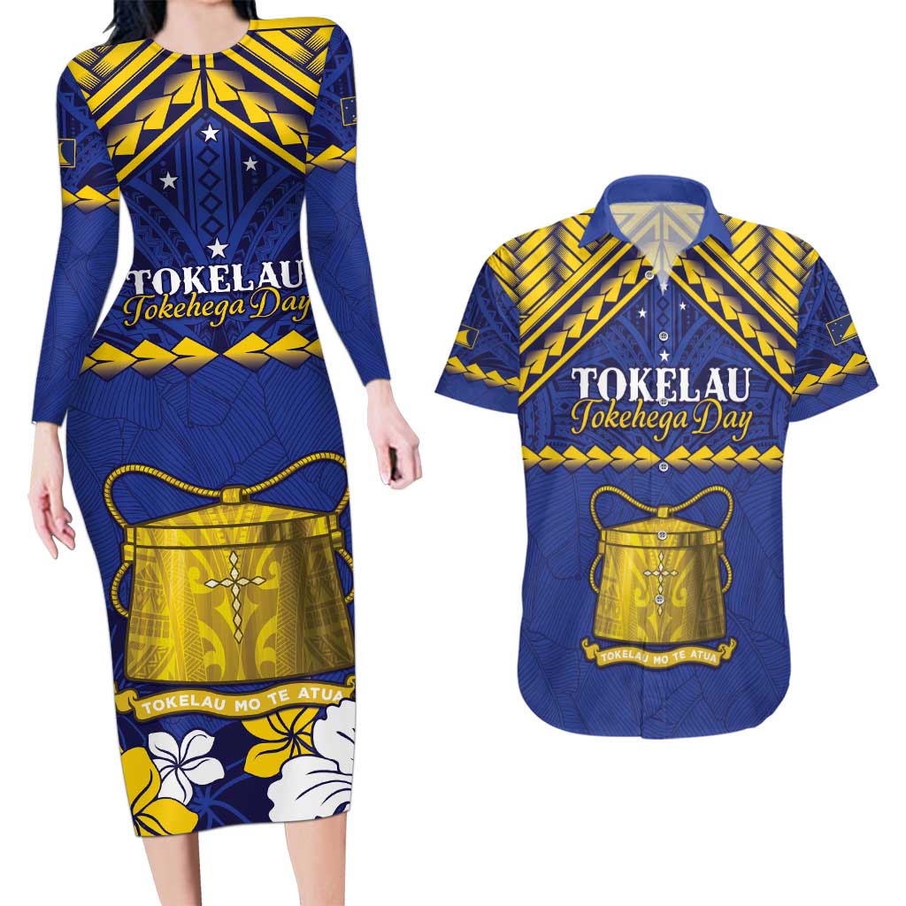 Personalised Tokelau Happy Tokehega Day Couples Matching Long Sleeve Bodycon Dress and Hawaiian Shirt Polynesian Tribal Tattoo LT05 Blue - Polynesian Pride