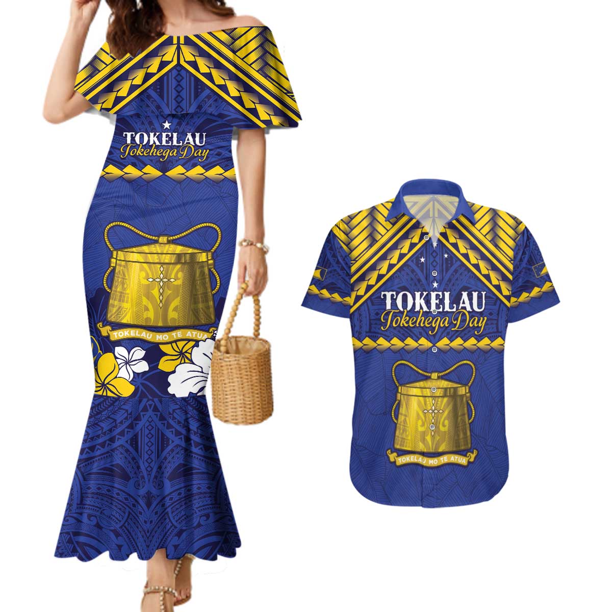 Personalised Tokelau Happy Tokehega Day Couples Matching Mermaid Dress and Hawaiian Shirt Polynesian Tribal Tattoo LT05 Blue - Polynesian Pride