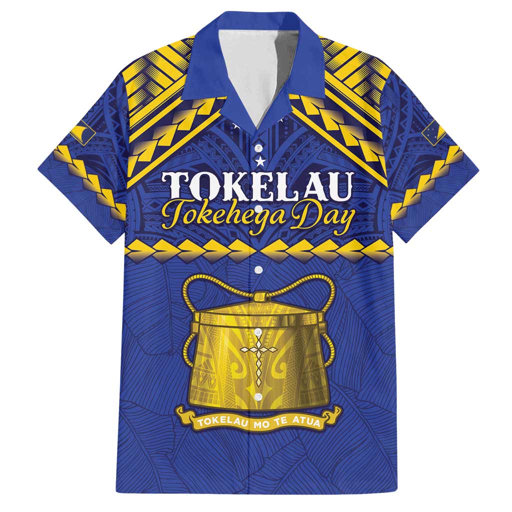 Personalised Tokelau Happy Tokehega Day Family Matching Off Shoulder Maxi Dress and Hawaiian Shirt Polynesian Tribal Tattoo LT05 Dad's Shirt - Short Sleeve Blue - Polynesian Pride