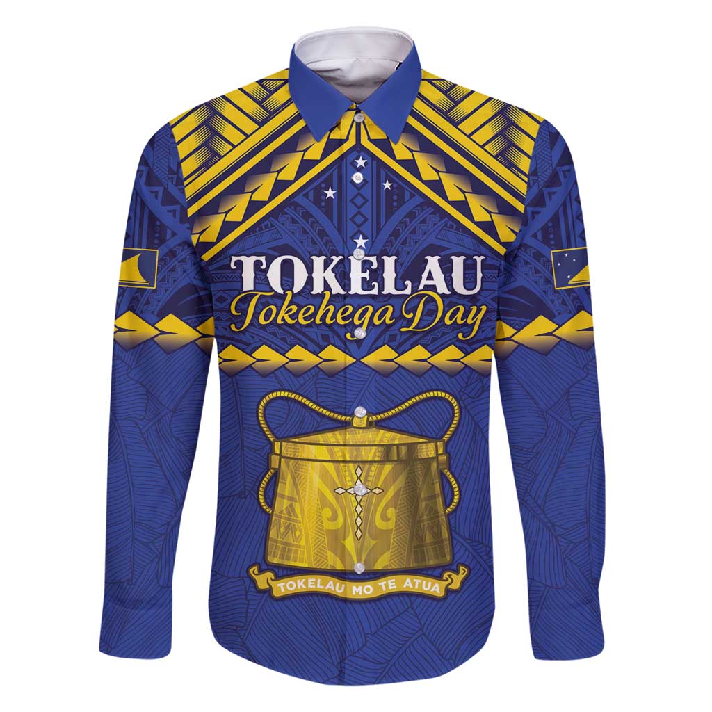 Personalised Tokelau Happy Tokehega Day Family Matching Off Shoulder Maxi Dress and Hawaiian Shirt Polynesian Tribal Tattoo LT05 Dad's Shirt - Long Sleeve Blue - Polynesian Pride