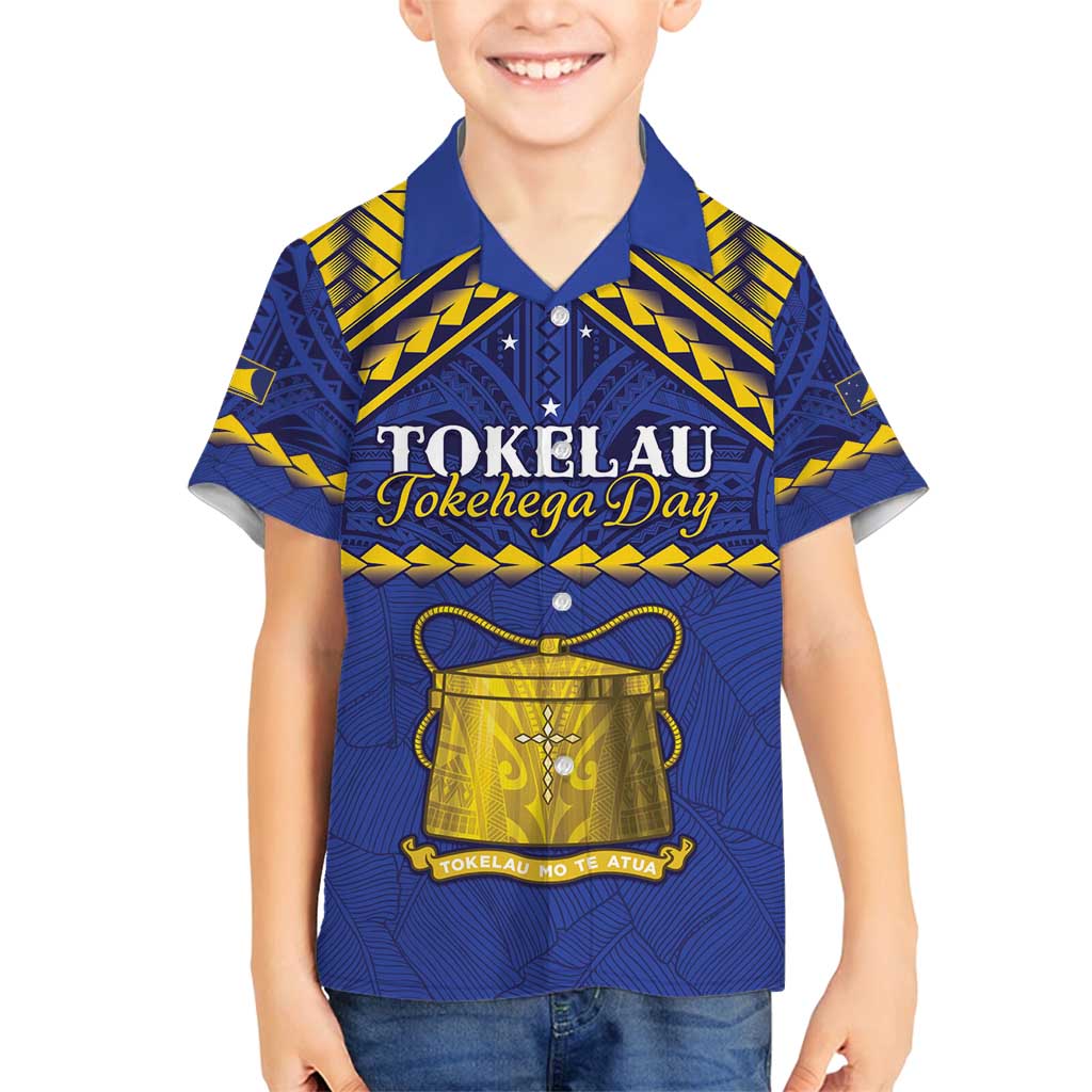 Personalised Tokelau Happy Tokehega Day Family Matching Off Shoulder Maxi Dress and Hawaiian Shirt Polynesian Tribal Tattoo LT05 Son's Shirt Blue - Polynesian Pride