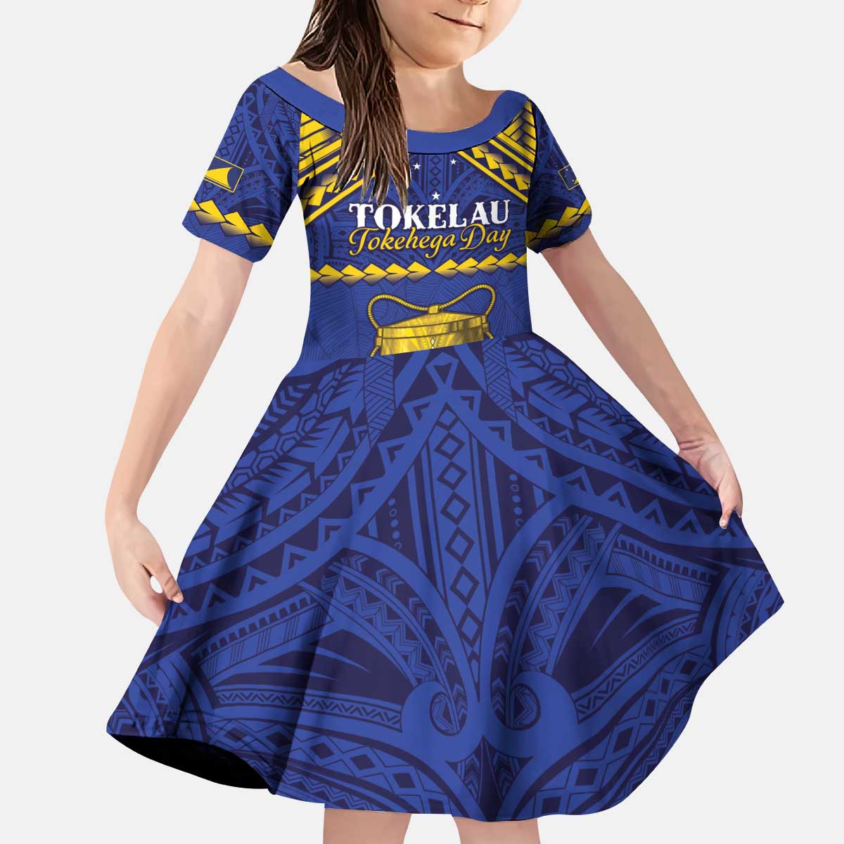 Personalised Tokelau Happy Tokehega Day Family Matching Puletasi and Hawaiian Shirt Polynesian Tribal Tattoo LT05 Daughter's Dress Blue - Polynesian Pride