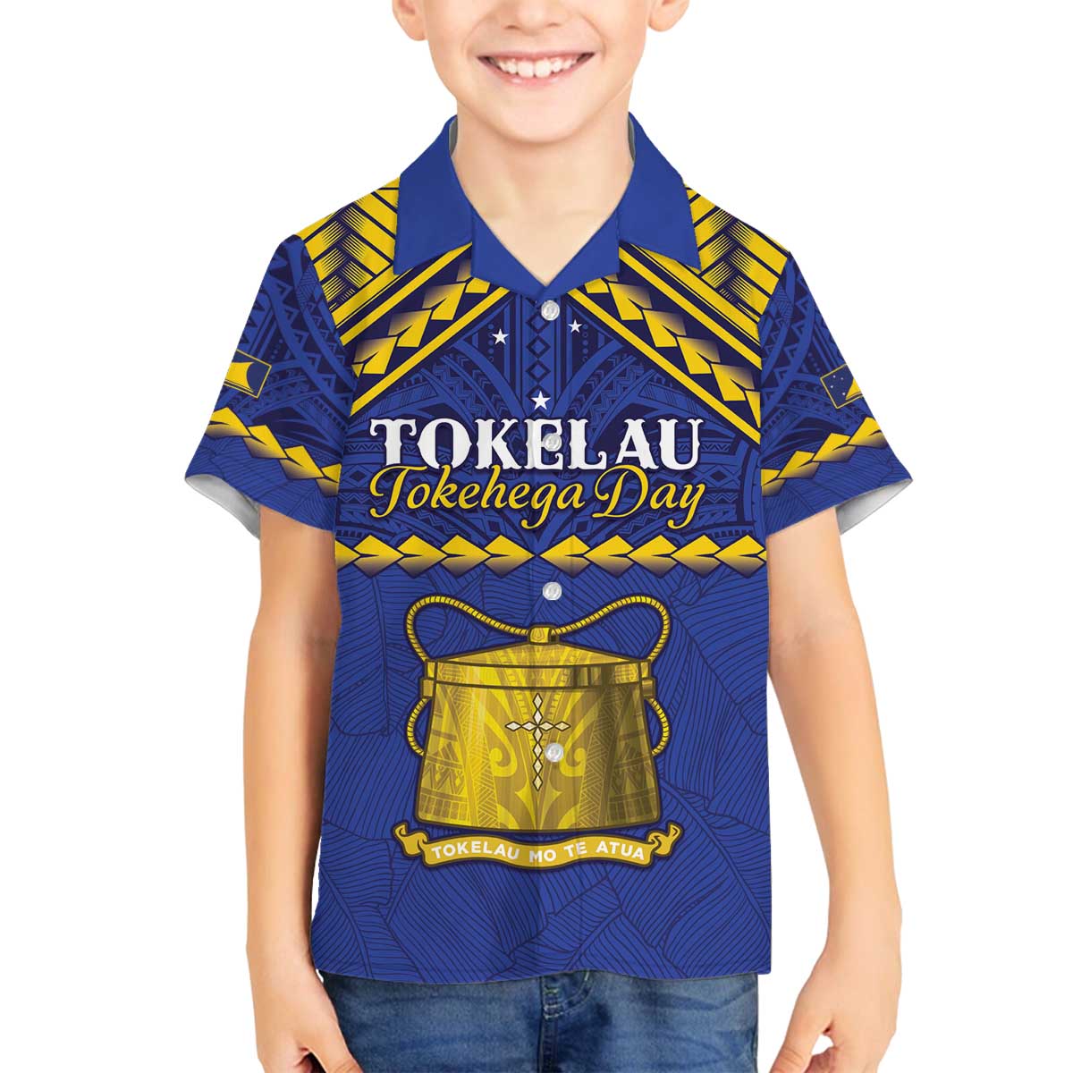 Personalised Tokelau Happy Tokehega Day Family Matching Puletasi and Hawaiian Shirt Polynesian Tribal Tattoo LT05 Son's Shirt Blue - Polynesian Pride