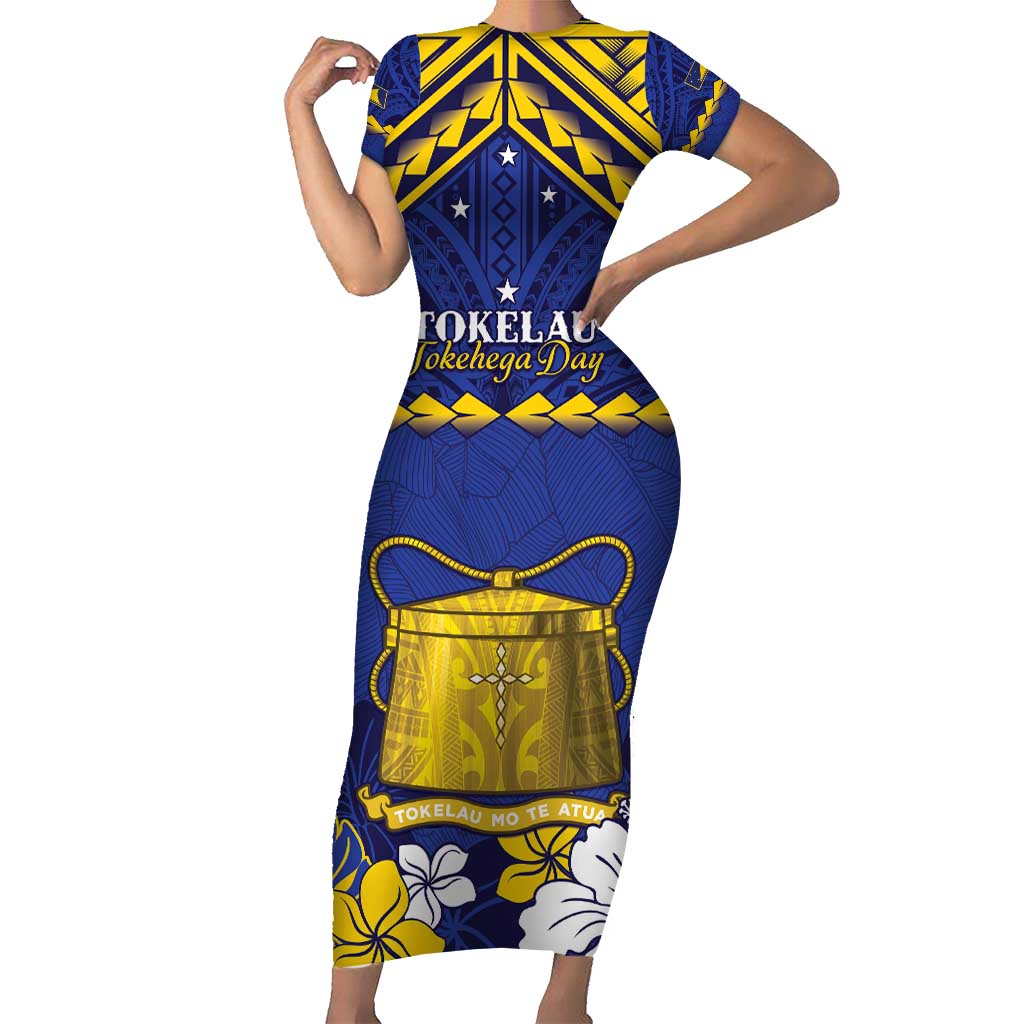 Personalised Tokelau Happy Tokehega Day Short Sleeve Bodycon Dress Polynesian Tribal Tattoo LT05 Long Dress Blue - Polynesian Pride