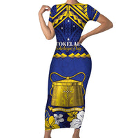 Personalised Tokelau Happy Tokehega Day Short Sleeve Bodycon Dress Polynesian Tribal Tattoo LT05 Long Dress Blue - Polynesian Pride