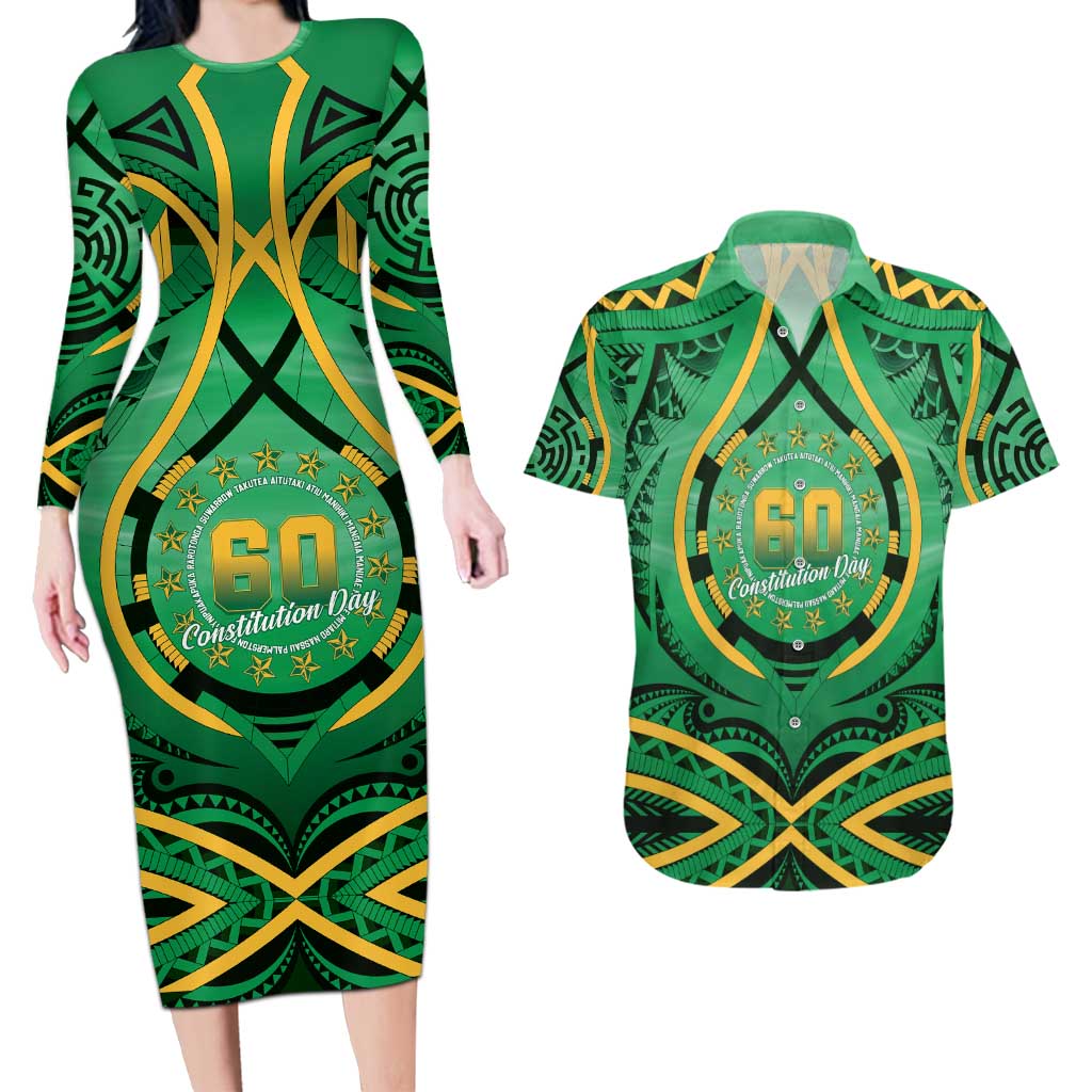 Cook Islands Constitution Day Couples Matching Long Sleeve Bodycon Dress and Hawaiian Shirt 60th Anniversary LT05 Green - Polynesian Pride