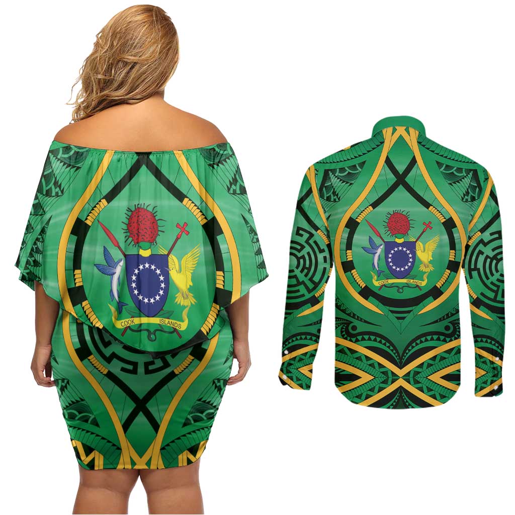Cook Islands Constitution Day Couples Matching Off Shoulder Short Dress and Long Sleeve Button Shirt 60th Anniversary - Polynesian Pride
