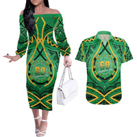 Cook Islands Constitution Day Couples Matching Off The Shoulder Long Sleeve Dress and Hawaiian Shirt 60th Anniversary LT05 Green - Polynesian Pride