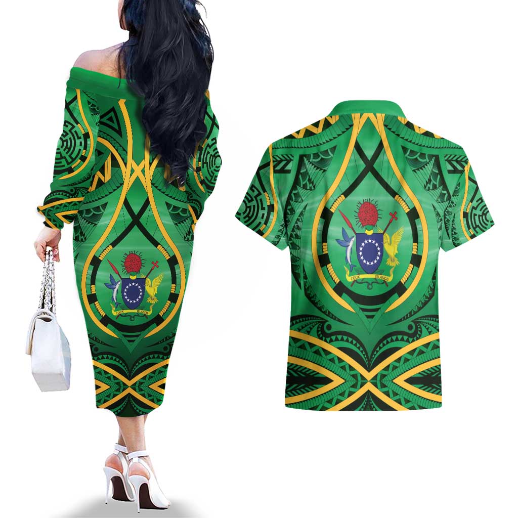 Cook Islands Constitution Day Couples Matching Off The Shoulder Long Sleeve Dress and Hawaiian Shirt 60th Anniversary LT05 - Polynesian Pride